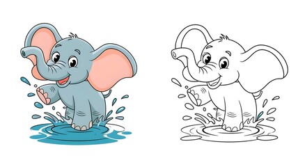 Fototapeta premium Adorable Baby Elephant Playing in Water – Cartoon Illustration and Coloring Page