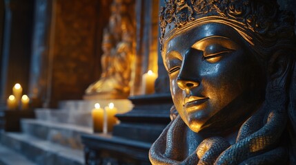 A serene bronze statue illuminated by soft candlelight, reflecting tranquility and spirituality in a sacred space.