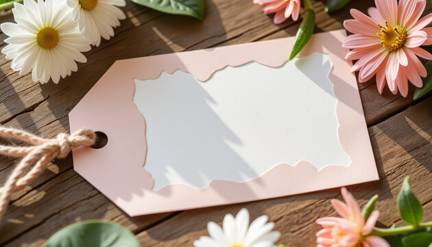 Creative blank tag surrounded by fresh flowers on a rustic wooden surface in soft afternoon light