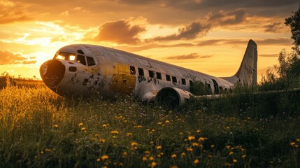 Abandoned Airplane Surrounded by Wildflowers at Sunset