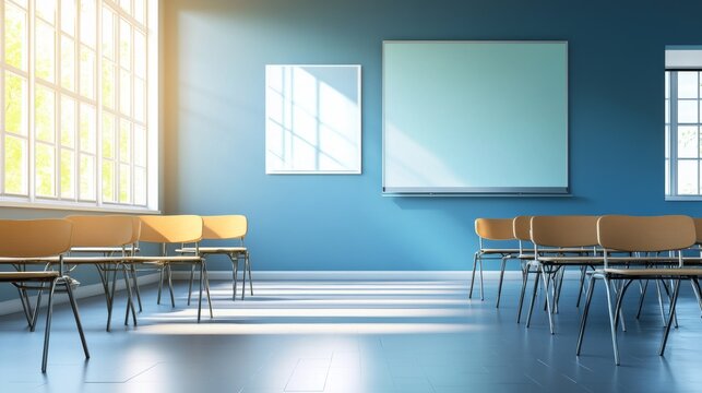 Bright classroom with empty chairs and windows.