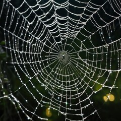 A dew-laden spiderweb shimmers in the darkness capturing the intricate beauty of nature's delicate artistry.