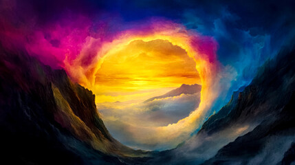 Colorful clouds surrounding golden sunset over mountains, digital painting