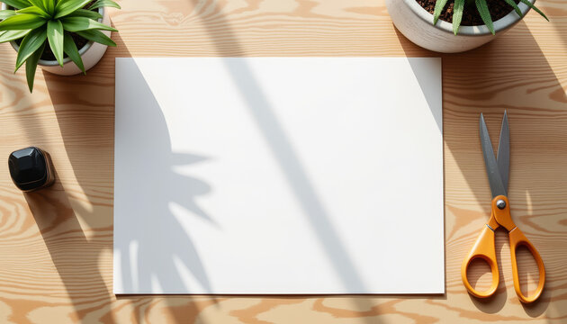 Creative workspace filled with natural light features blank paper, scissors, and plants for inspiration during crafting sessions