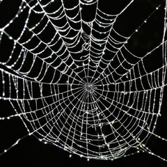 Obraz premium A dew-laden spiderweb shimmers in the darkness capturing the intricate beauty of nature's delicate artistry.