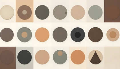 "A minimalist design featuring a harmonious arrangement of geometric shapes—circles, squares, and triangles—in a balanced and symmetrical layout. The muted, complementary colors evoke a sense of calm 