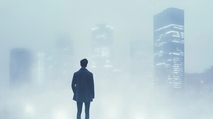 Fototapeta premium Businessman contemplating future in foggy city.