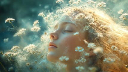 Peaceful woman in a serene meadow under sunlight