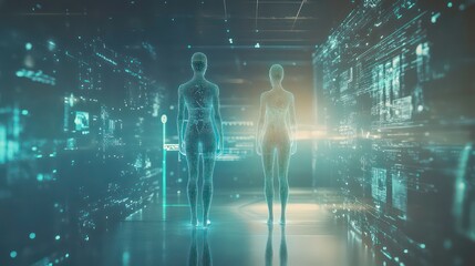 Digital human figures in a futuristic interface symbolize personalized medicine and precise diagnostics.
