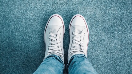 Casual sneakers on a teal carpeted floor.