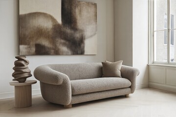 A light gray-brown boucle fabric sofa with rounded armrests, set against a wall with an abstract painting. Beside it, a wooden side table; a smooth surface in front enhances the serene, modern decor