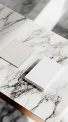 A branding mockup showcasing a business card and letterhead elegantly arranged on a polished marble table, highlighting the sophisticated design and potential for custom branding.
