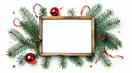 A close up of a picture frame surrounded by christmas decorations, space for text