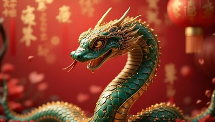 Fototapeta premium Jade Dragon Serpent Gold Accents Red Background Festive Art