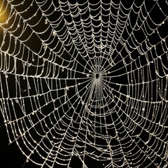 Obraz premium A dew-laden spiderweb shimmers in the darkness capturing the intricate beauty of nature's delicate artistry.