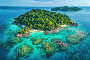Tropical Island with Coral Reef and Blue Waters