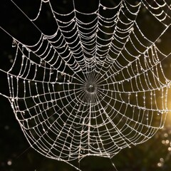 Obraz premium A dew-laden spiderweb shimmers in the darkness capturing the intricate beauty of nature's delicate artistry.