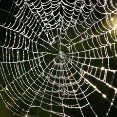 Obraz premium A dew-laden spiderweb shimmers in the darkness capturing the intricate beauty of nature's delicate artistry.