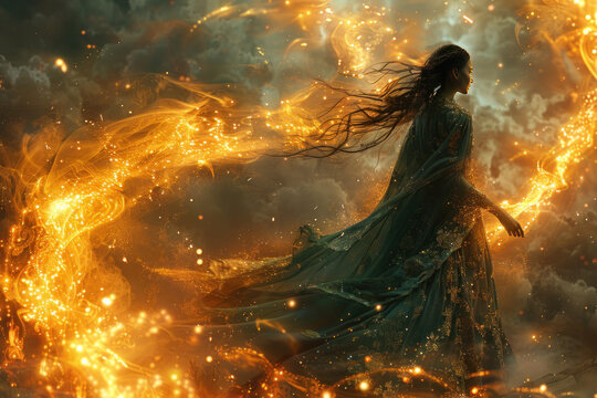 a figure of a woman in a stunning, detailed dress, surrounded by sparkling lights and sparkles, creating the impression of movement and energy.,.     