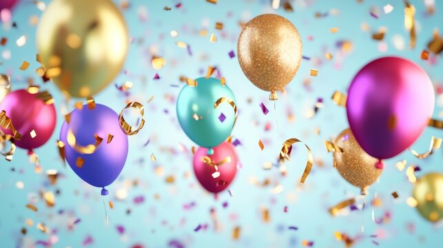 Colorful balloons and confetti celebration scene.