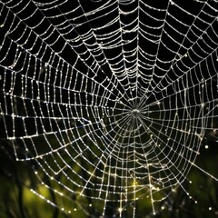 Obraz premium A dew-laden spiderweb shimmers in the darkness capturing the intricate beauty of nature's delicate artistry.