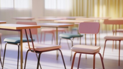 Colorful chairs in a bright classroom setting.