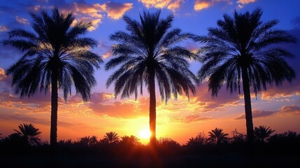 Obraz premium Sunset with tall palm trees silhouette, vibrant colorful sky, tropical landscape, relaxing beach vacation background, warm orange purple hues, summer holiday nature scenery peaceful evening