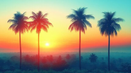 Sunset sky with tall palm trees silhouettes at tropical beach evening vacation scene perfect for travel, holiday, nature backgrounds warm colorful gradient horizon calm atmosphere