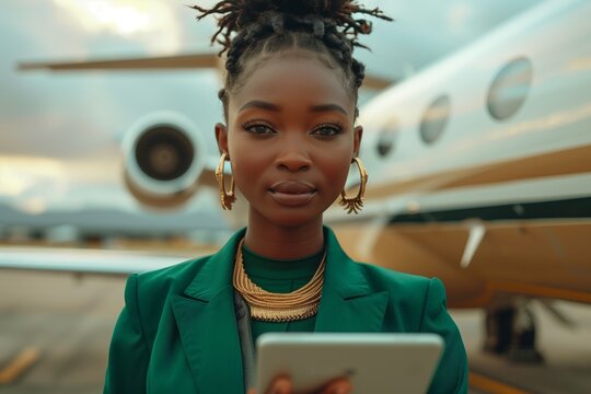 Businesswoman at private jet, using tablet. Modern travel concept showcasing luxury and professionalism.
