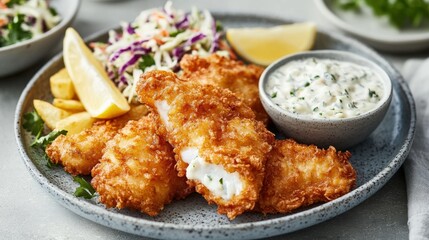 Crispy Fried Fish Served With Chips Coleslaw And Tartar Sauce