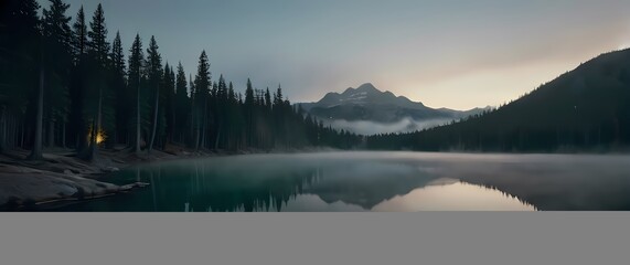 Fototapeta premium A serene view of a mountain lake surrounded by pine trees where the still water reflects the surrounding beauty