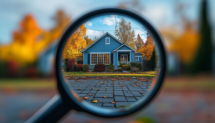 a family home in a residential neighborhood seen through a magnifying glass in autumn