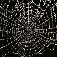 Obraz premium A dew-laden spiderweb shimmers in the darkness capturing the intricate beauty of nature's delicate artistry.