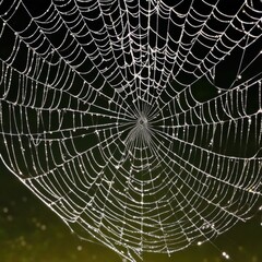 A dew-laden spiderweb shimmers in the darkness capturing the intricate beauty of nature's delicate artistry.