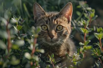 Curious cat peeking through lush greenery, showcasing its striking eyes and attentive expression.
