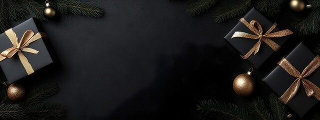 Stylish black and gold holiday theme with gift boxes pine sprigs and baubles