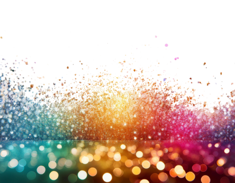 colorful bokeh, at the bottom of the image, glitter particles, on a white background, isolated 