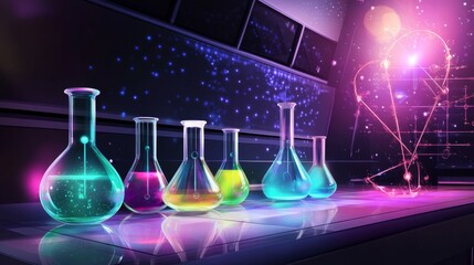 Colorful laboratory glassware in vibrant light.