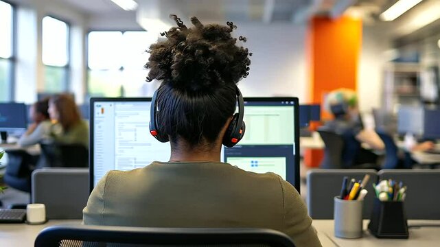 The back of a woman seated at her workstation, looking at onboarding materials on a laptop screen, with a bright, friendly office ambiance