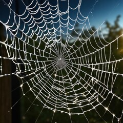 A dew-laden spiderweb shimmers in the darkness capturing the intricate beauty of nature's delicate artistry.