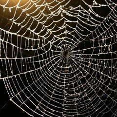Obraz premium A dew-laden spiderweb shimmers in the darkness capturing the intricate beauty of nature's delicate artistry.