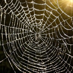 Fototapeta premium A dew-laden spiderweb shimmers in the darkness capturing the intricate beauty of nature's delicate artistry.