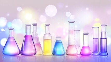 Colorful laboratory glassware with liquids.