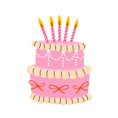Cute Birthday cake with candle, cream. Y2k style. Retro style. Sweet tasty food. Hand drawn trendy Vector illustration. Isolated design elements. Party, wedding, anniversary, celebration, birthday