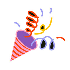 Obraz premium Party cartoon pooper. Firecracker with confetti, ribbons. Firework, petard icon. Carnival element. . Decorative birthday, New Year explosion congratulation, winner. Vector illustration.