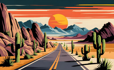 Road through desert in Mexico or southern USA, classic landscape with sand, rocks and cacti, illustration for web and media