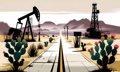Classic Texas landscape, desert road and oil rigs pumping oil and oil rig, illustration for web and media
