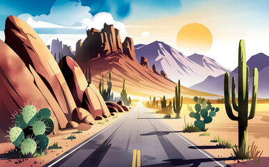 Road through desert in Mexico or southern USA, classic landscape with sand, rocks and cacti, illustration for web and media