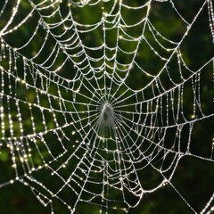 A dew-laden spiderweb shimmers in the darkness capturing the intricate beauty of nature's delicate artistry.