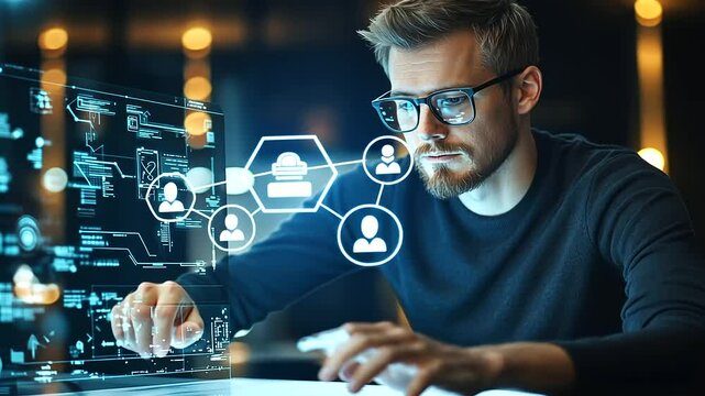 A stylish workspace with an entrepreneur typing questions into an AI chatbot, as virtual diagrams and solutions materialize around them
